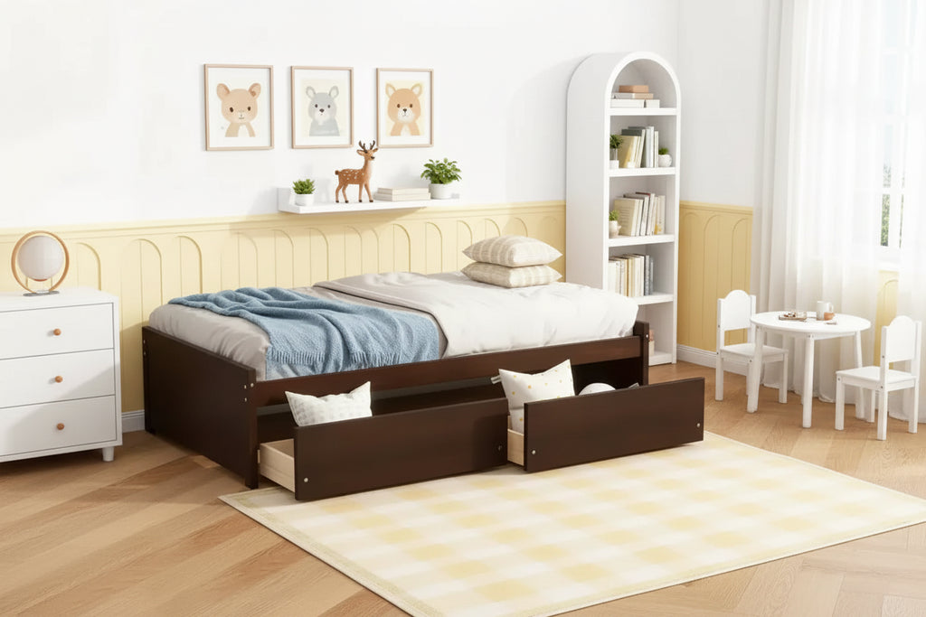 Luxystar Twin Size Wood Bed with 2 Drawers for Guest Rooms and Kids' rooms