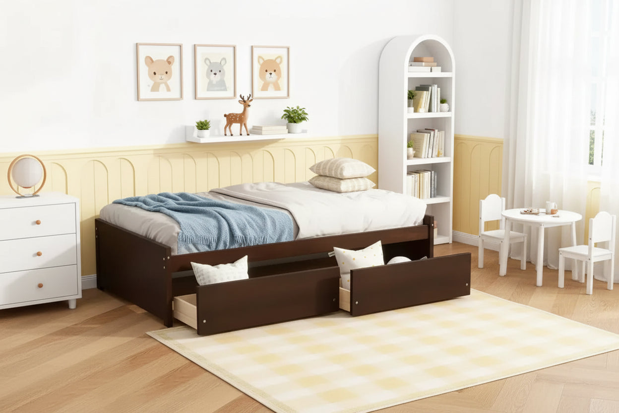Luxystar Twin Size Wood Bed with 2 Drawers for Guest Rooms and Kids' rooms