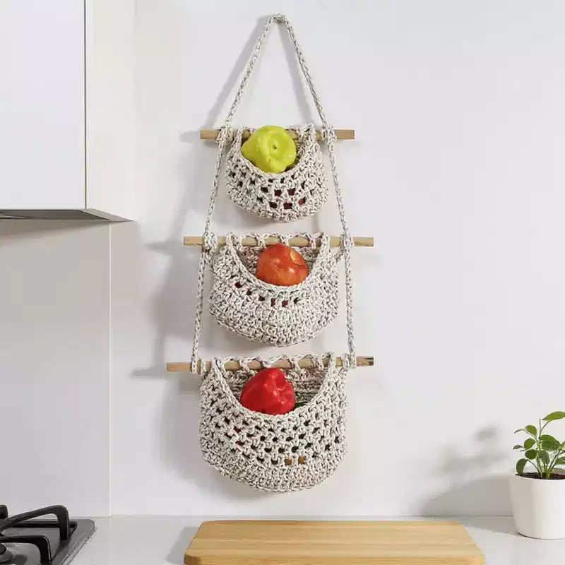 Cesti portaoggetti sospesi intrecciati a 3 livelli con aste in legno e gancio in corda – Organizer Boho beige