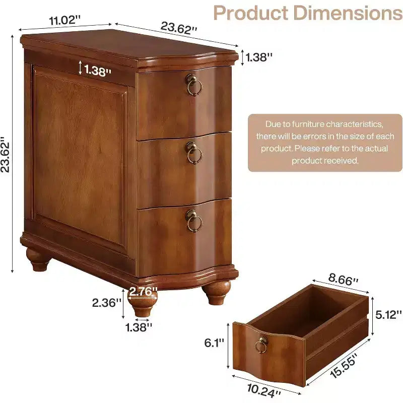 Tavolino laterale stretto sottile in legno a 3 cassetti, comodino completamente assemblato per camera da letto e soggiorno – Marrone Noce