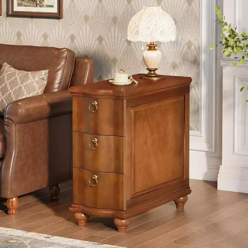 Tavolino laterale stretto sottile in legno a 3 cassetti, comodino completamente assemblato per camera da letto e soggiorno – Marrone Noce