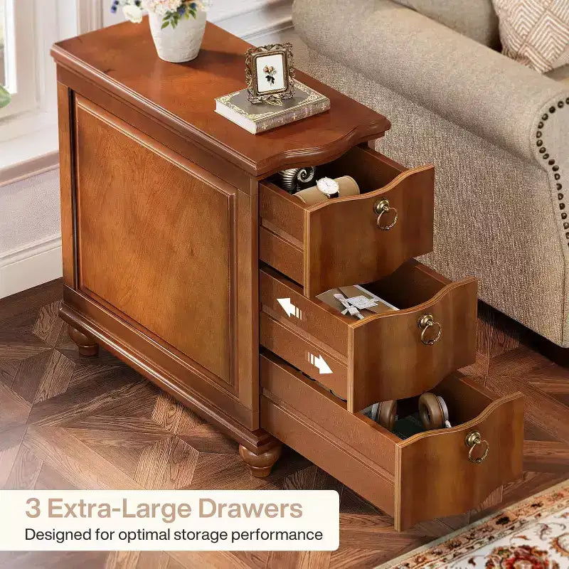Tavolino laterale stretto sottile in legno a 3 cassetti, comodino completamente assemblato per camera da letto e soggiorno – Marrone Noce