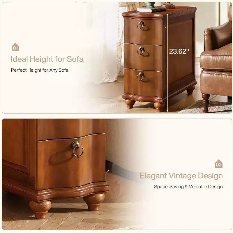Tavolino laterale stretto sottile in legno a 3 cassetti, comodino completamente assemblato per camera da letto e soggiorno – Marrone Noce