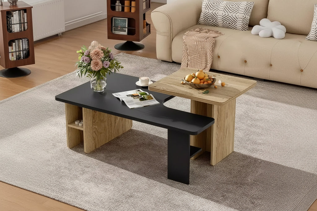 Coffee Table for Living Room Set of 2, Natural Wood and Finish Modern Nesting Rectangle Tables with Storage Shelf - Panipeachy