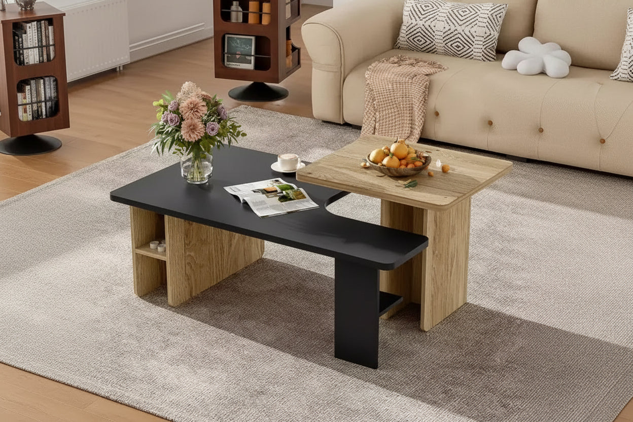 Coffee Table for Living Room Set of 2, Natural Wood and Finish Modern Nesting Rectangle Tables with Storage Shelf - Panipeachy