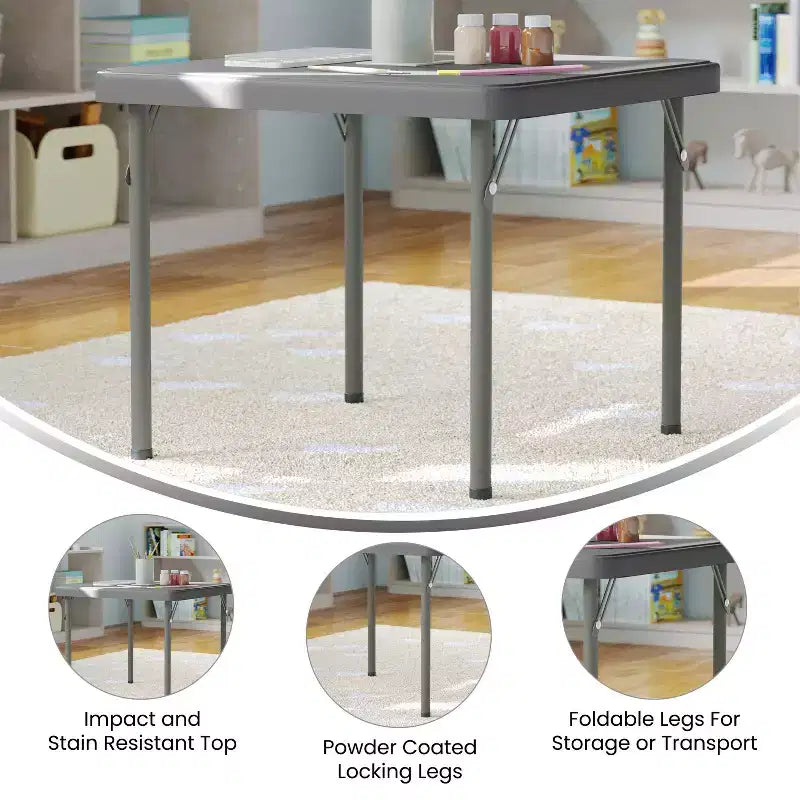 Tavolo pieghevole quadrato in plastica per bambini con gambe bloccabili – Grigio granito, 24"x24", capacità 220 lb