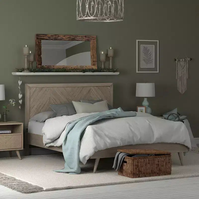 Struttura letto a piattaforma in legno con testiera a spina di pesce – Letto moderno in legno massello per camera da letto